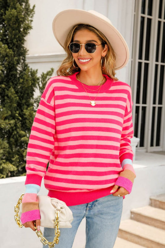 Angel Wings Warm Spice Striped Round Neck Sweater