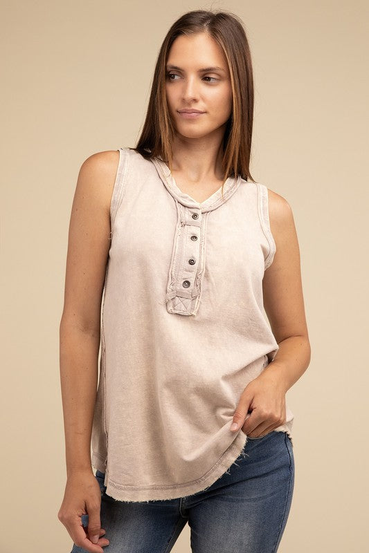 Washed Half-Button Raw Edge Sleeveless Henley Top