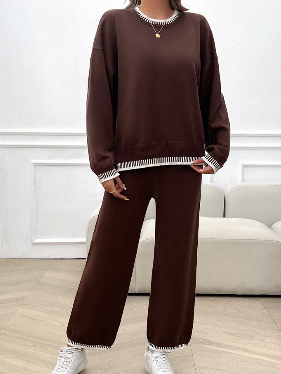 Round Neck Dropped Shoulder Top and Pants Sweater Set