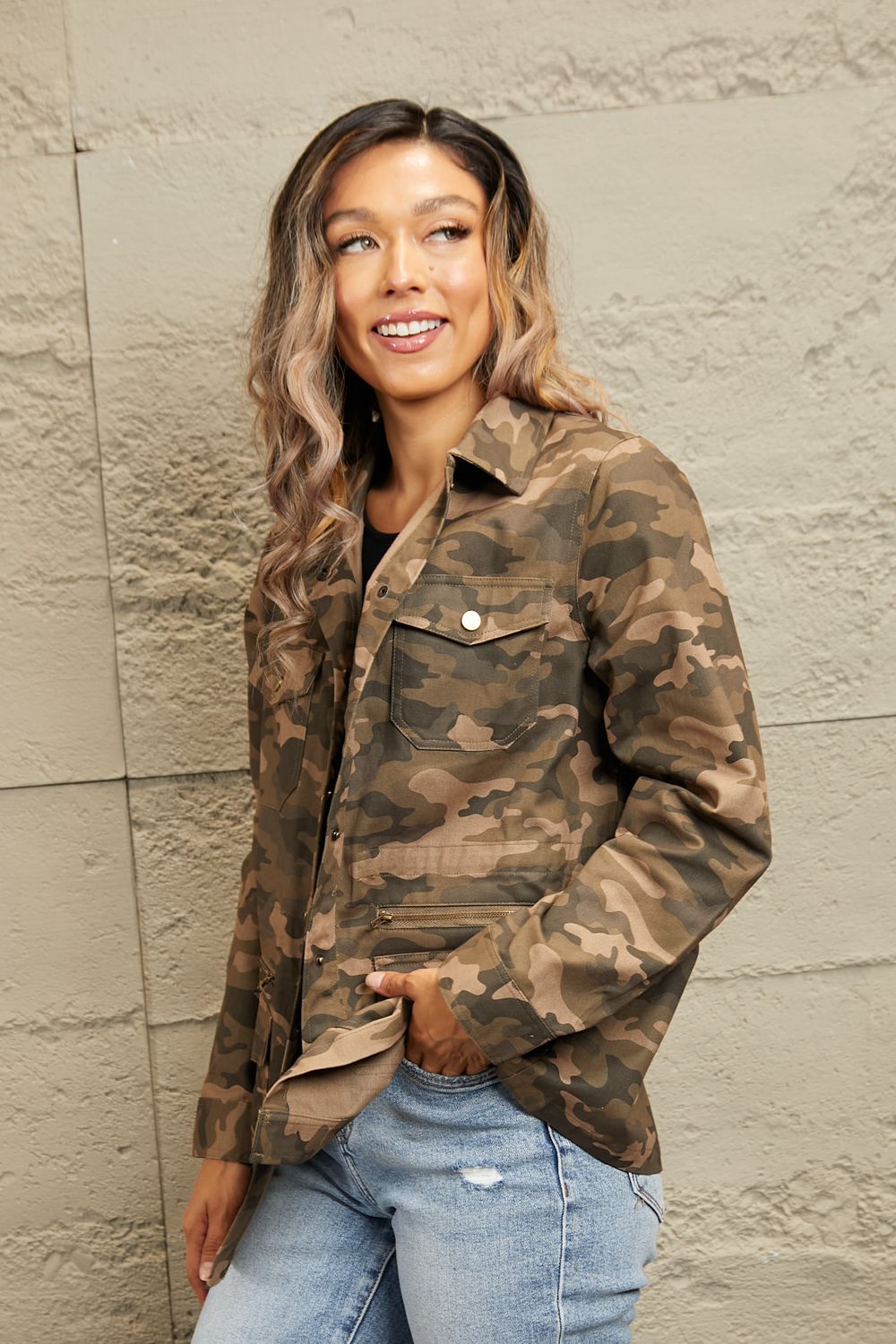 Double Take Camouflage Snap Down Jacket