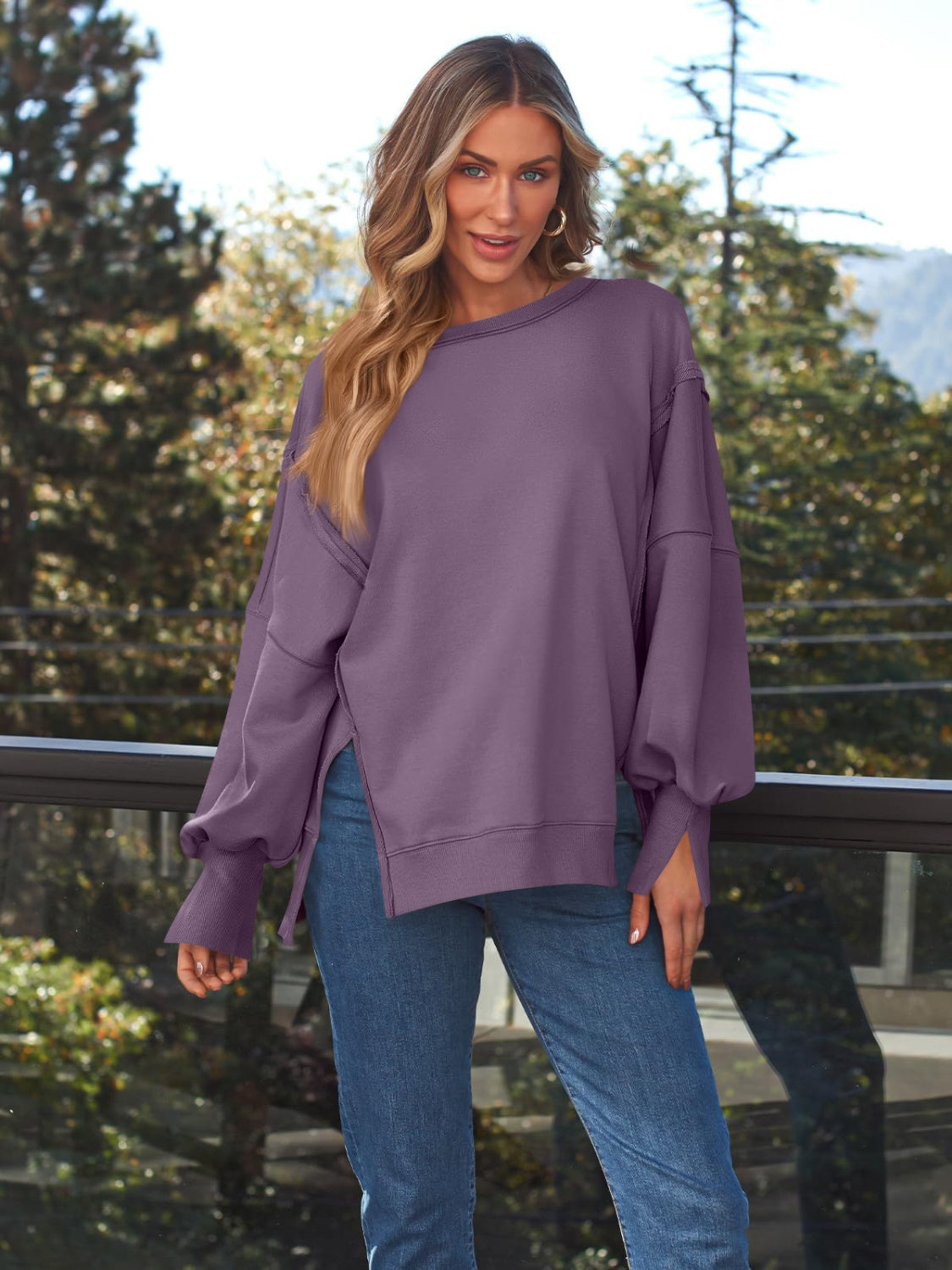 Slit Round Neck Long Sleeve Sweatshirt