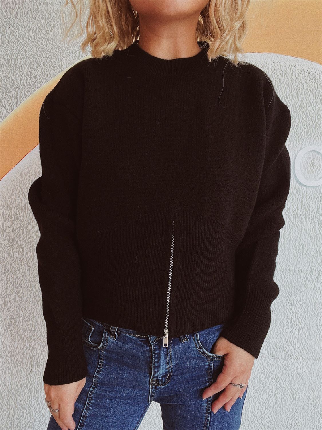 Round Neck Half Zip Long Sleeve Sweater