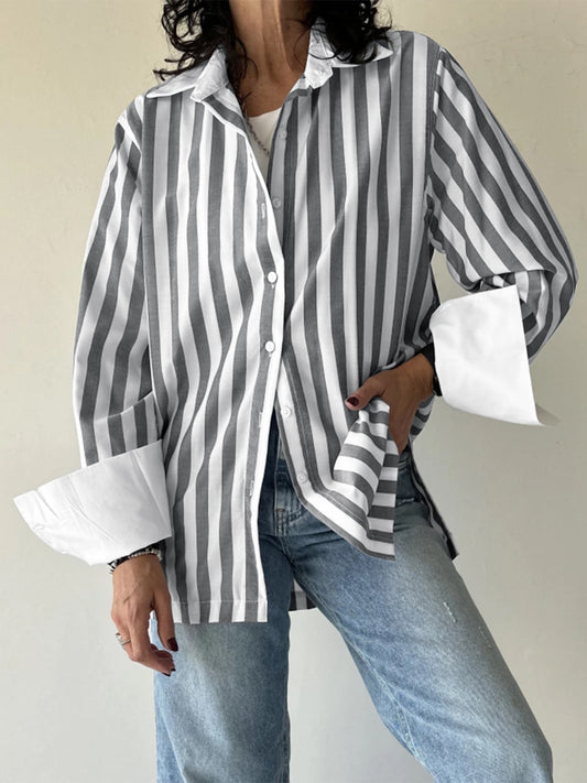 Striped Collared Neck Long Sleeve Shirt