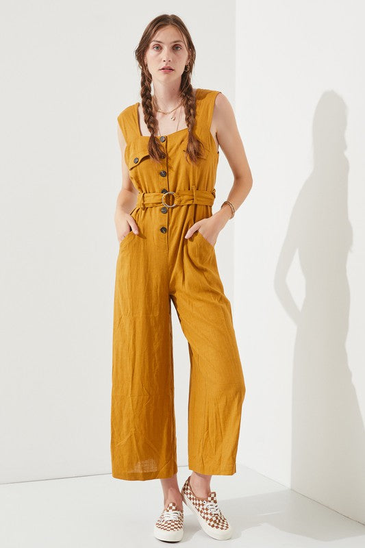 SLEEVELESS SQUARE NECK BUTTON DOWN ANKLE JUMPSUIT