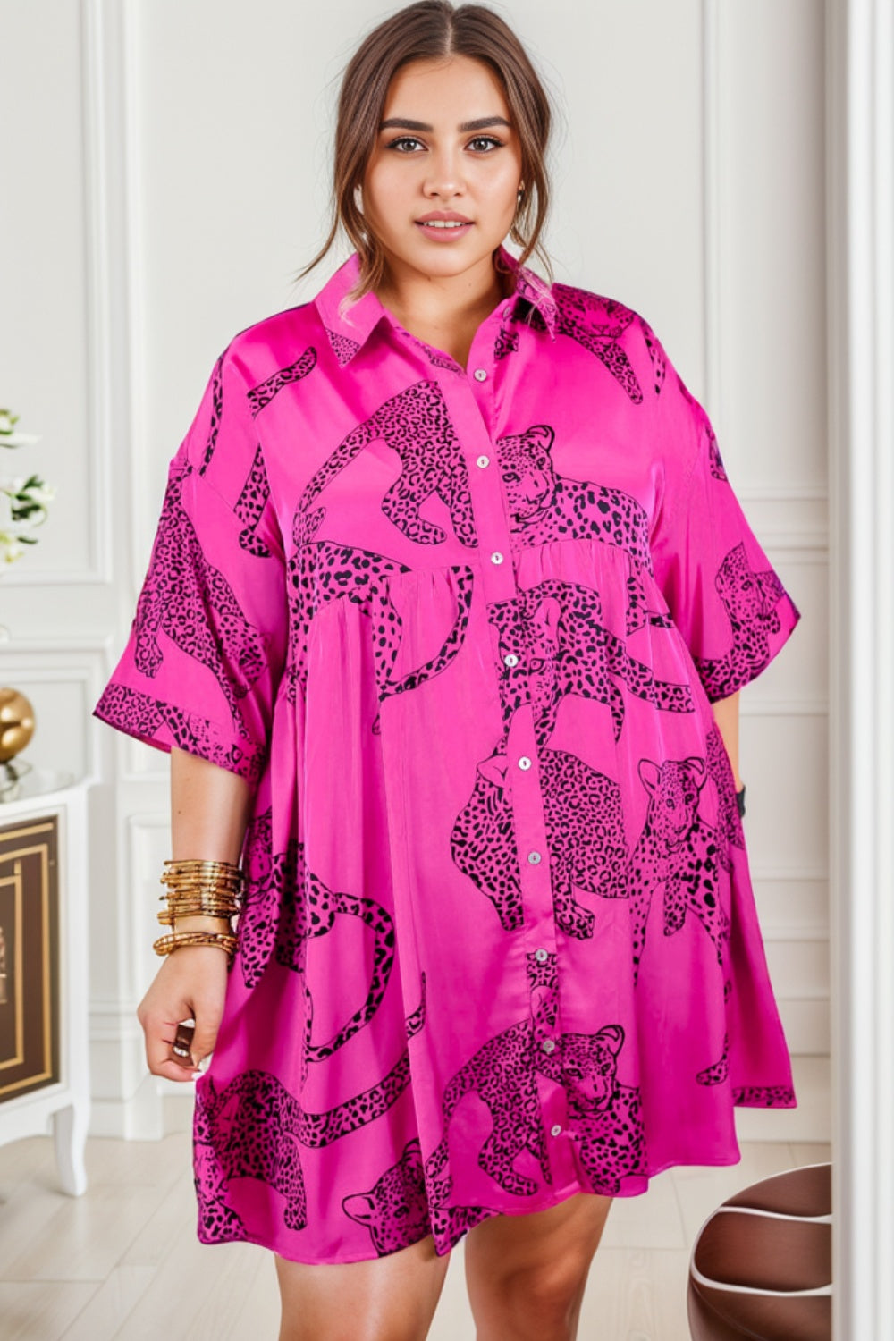 Plus Size Tiger Printed Button Up Half Sleeve Dress