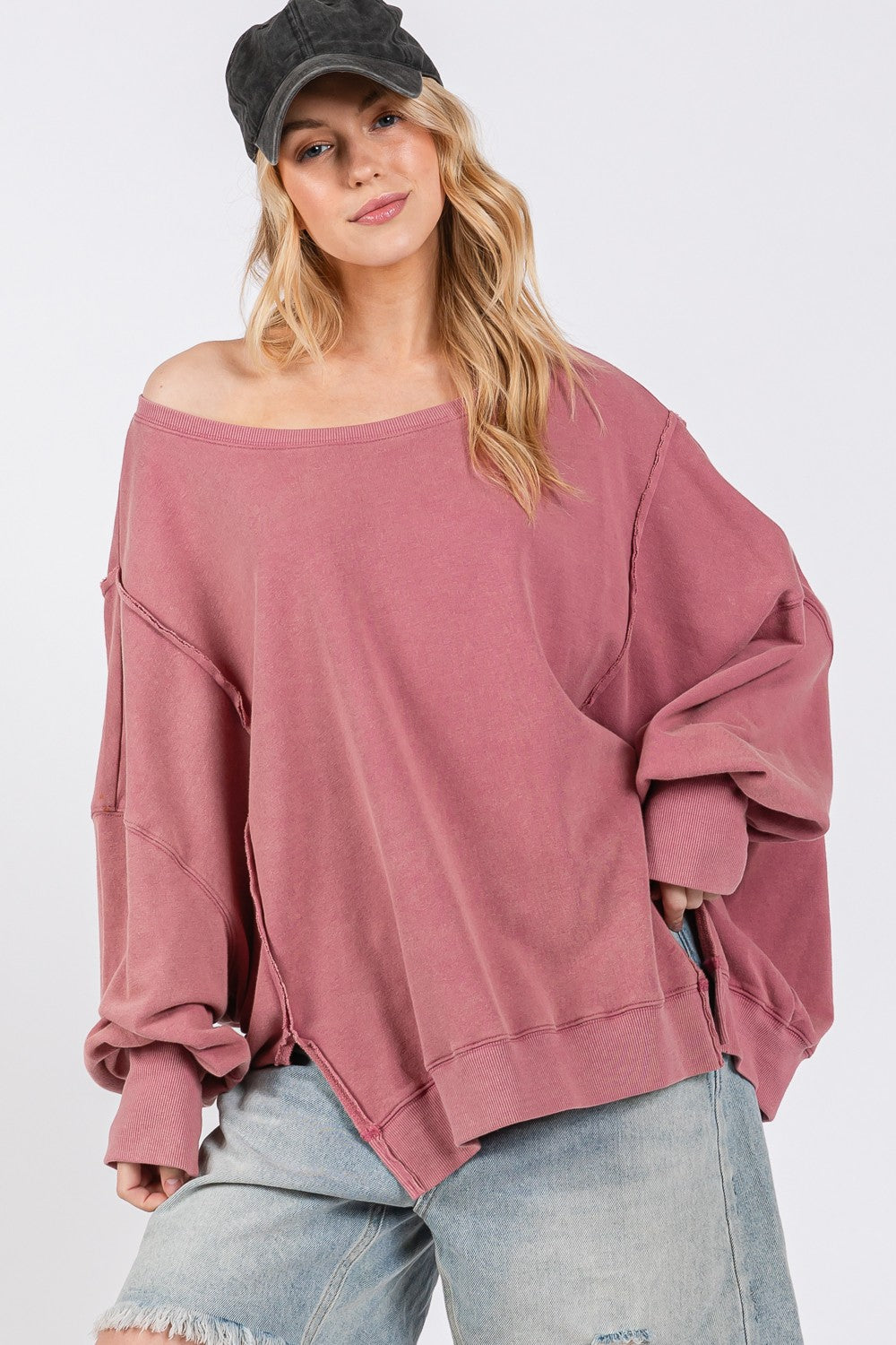 SAGE + FIG Mineral Wash Side Slit Oversized Sweatshirt