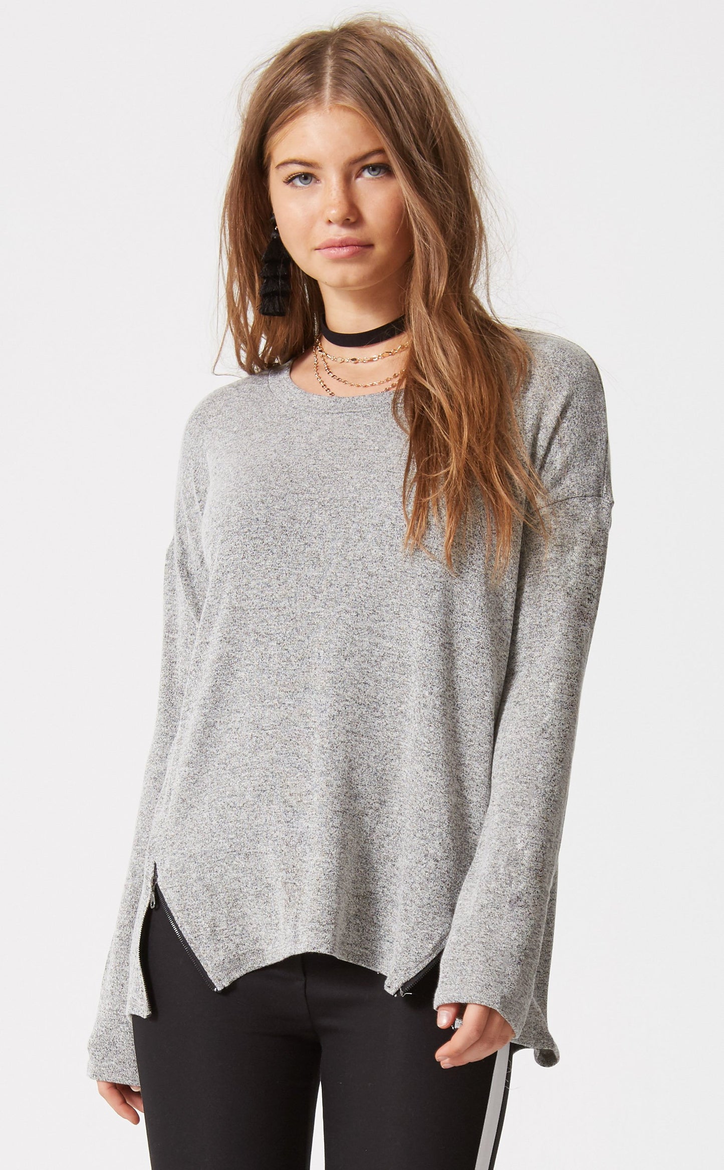 Long Sleeve Sweater w/ Front Zippers