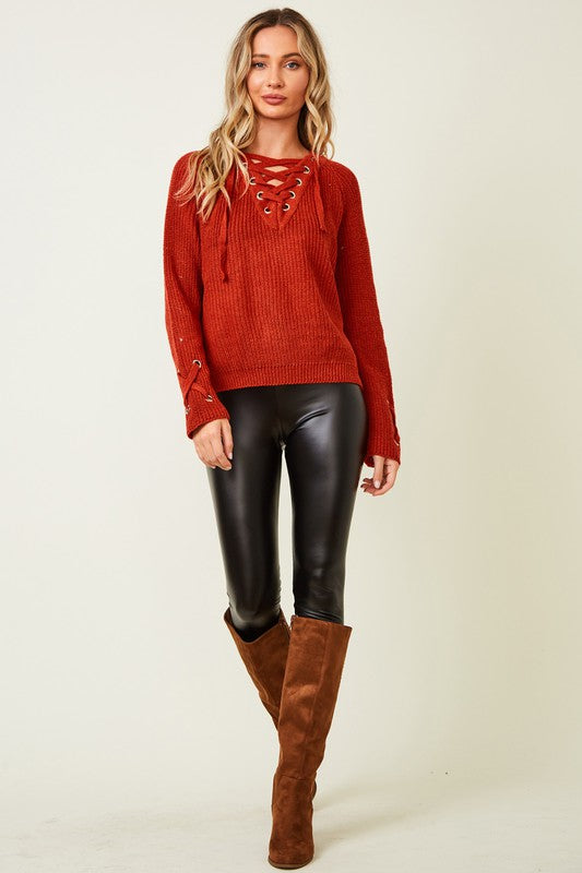 COZY KNIT EYELET DRAWSTRING LACE UP FRONT SWEATER