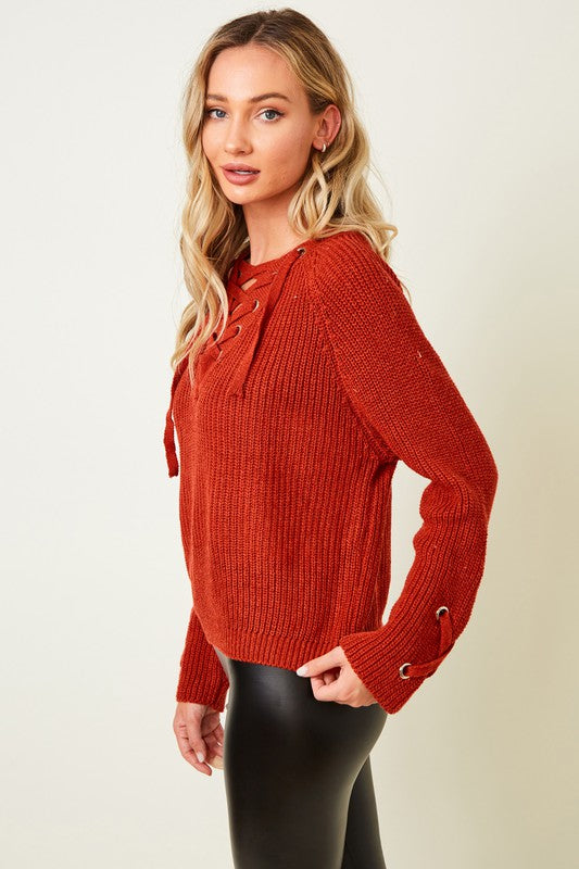 COZY KNIT EYELET DRAWSTRING LACE UP FRONT SWEATER