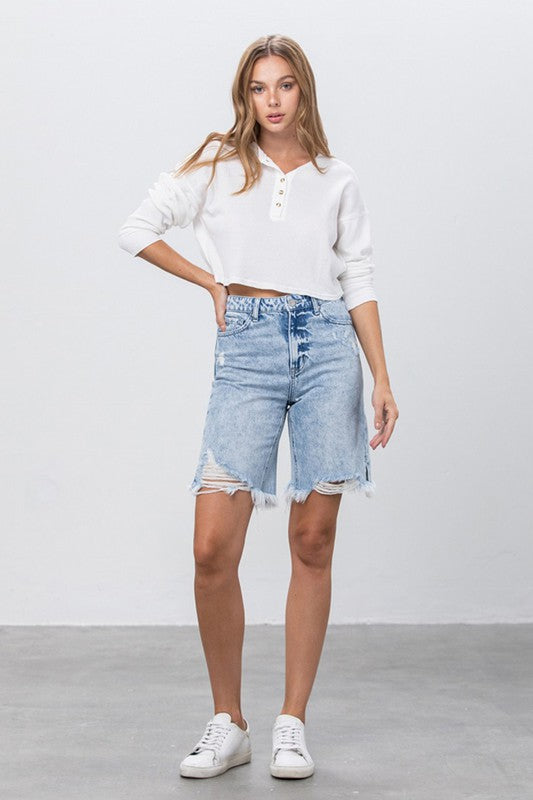 TAKE NO SLIT DISTRESSED DENIM BERMUDA SHORTS