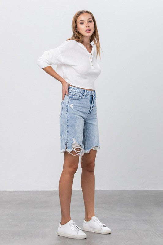 TAKE NO SLIT DISTRESSED DENIM BERMUDA SHORTS