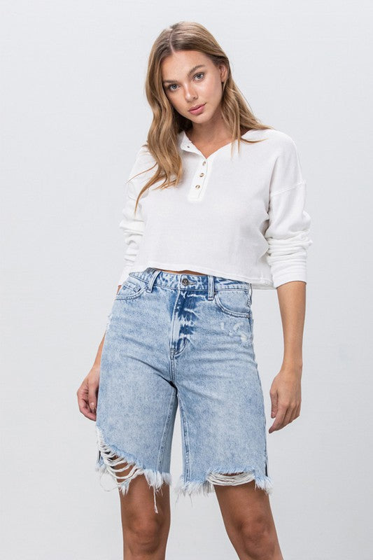 TAKE NO SLIT DISTRESSED DENIM BERMUDA SHORTS