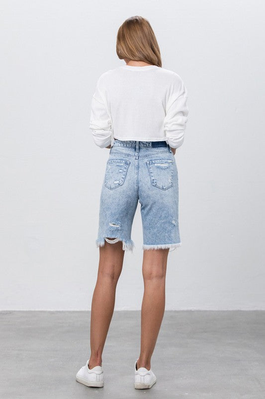 TAKE NO SLIT DISTRESSED DENIM BERMUDA SHORTS