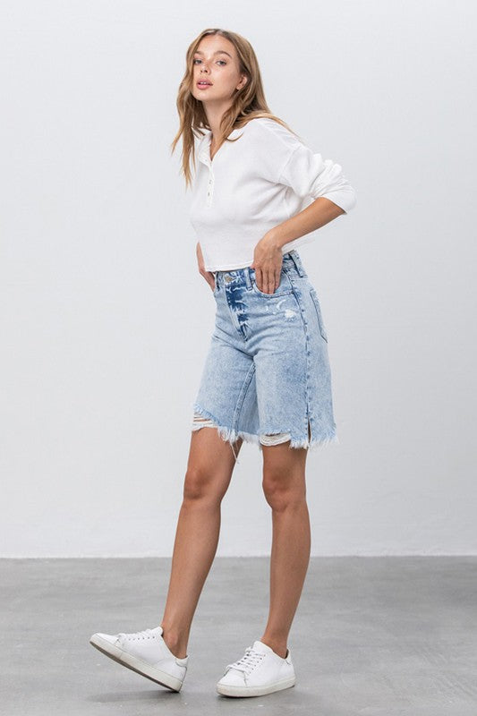 TAKE NO SLIT DISTRESSED DENIM BERMUDA SHORTS