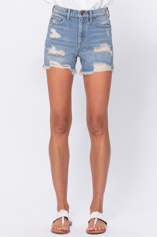 HIGH RISE 90'S SHORTS WITH FRAYED HEM AND DISTRESS