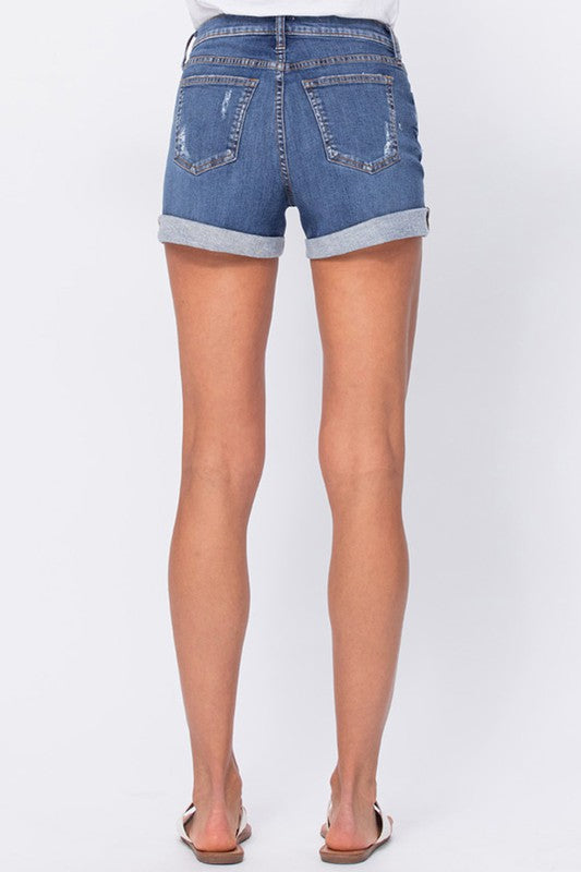 MID RISE TOMBOY SHORTS WITH DISTRESSING