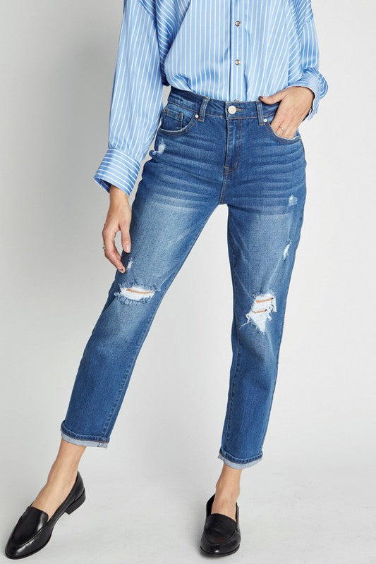 Super High rise Destructed Cuffed Boyfriend Jeans