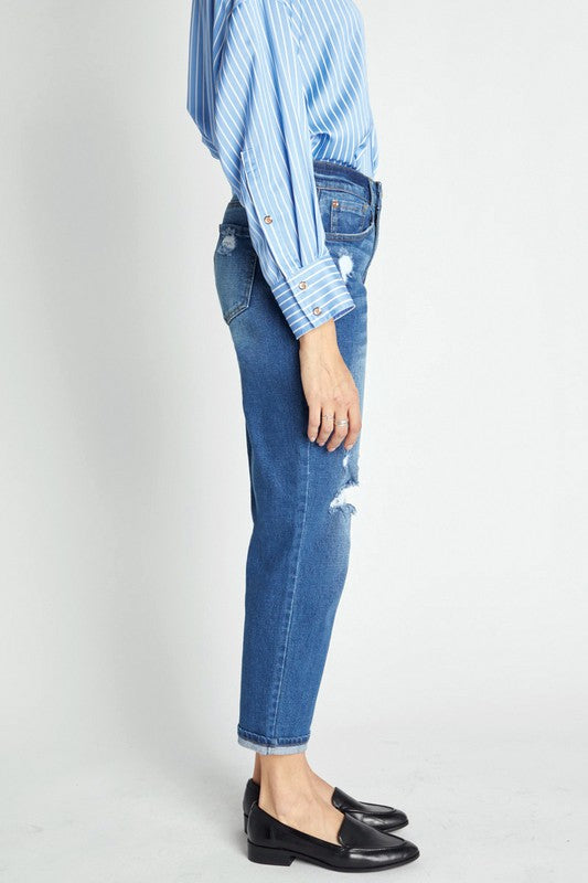 Super High rise Destructed Cuffed Boyfriend Jeans