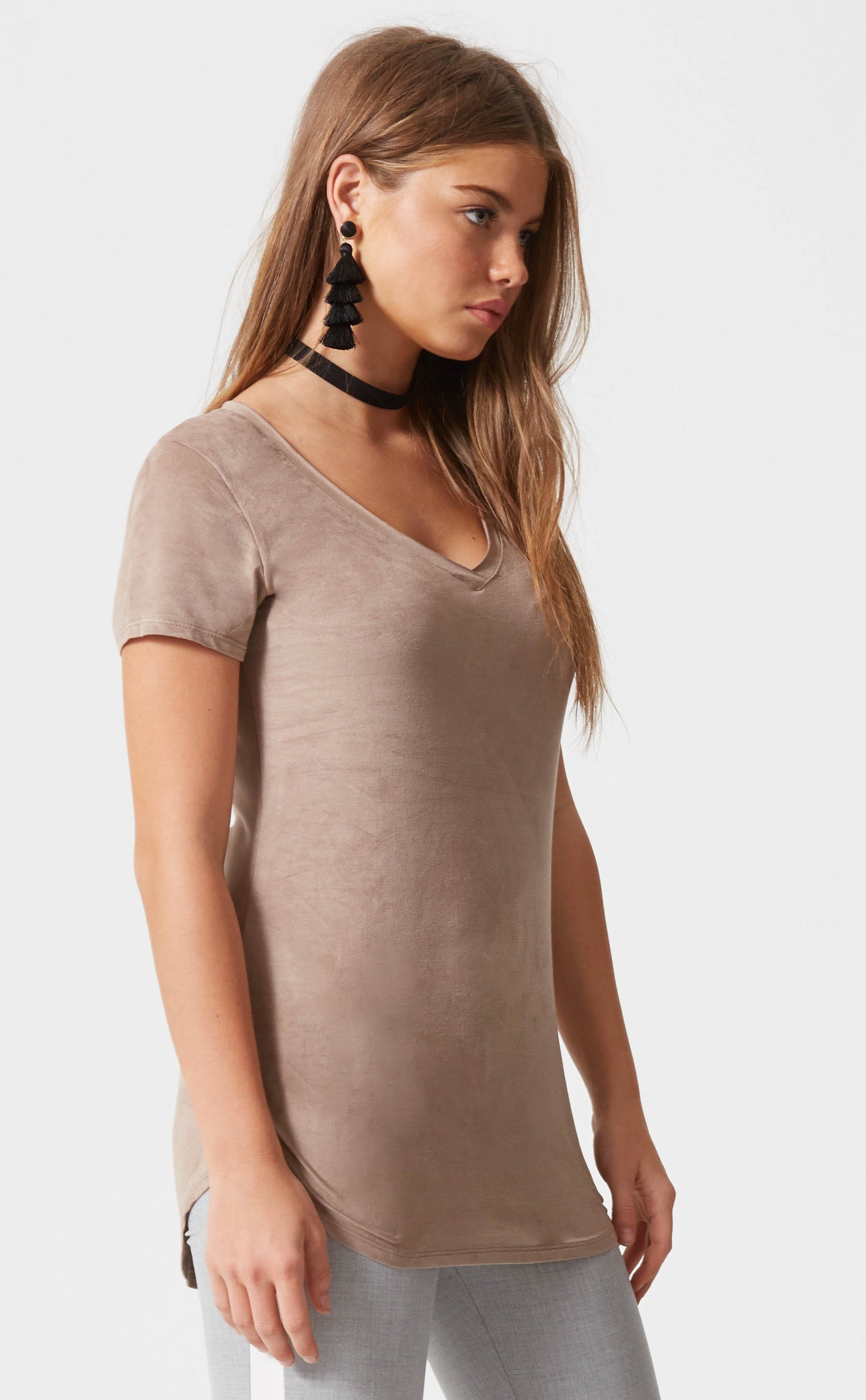 Suede V-Neck Banded T-Shirt?id=450051604495